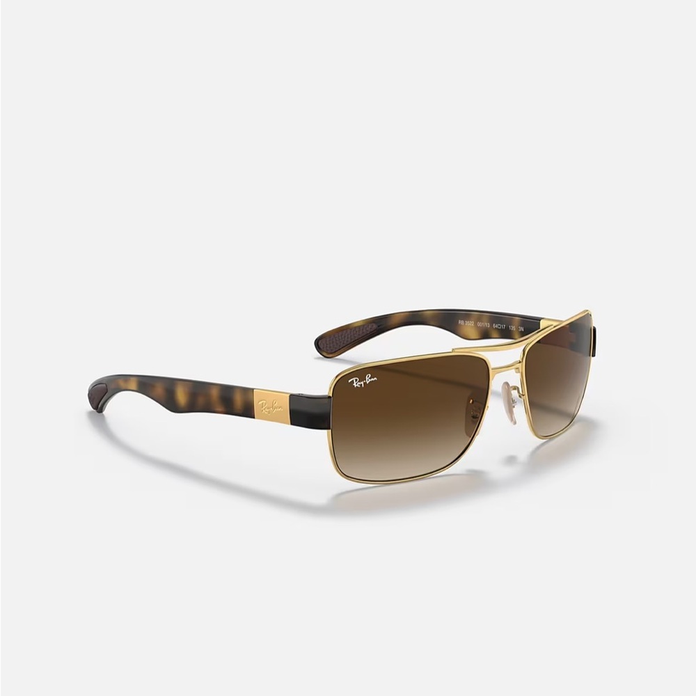 Rayban sunglasses, polished gold frame with brown gradient dark brown lenses.